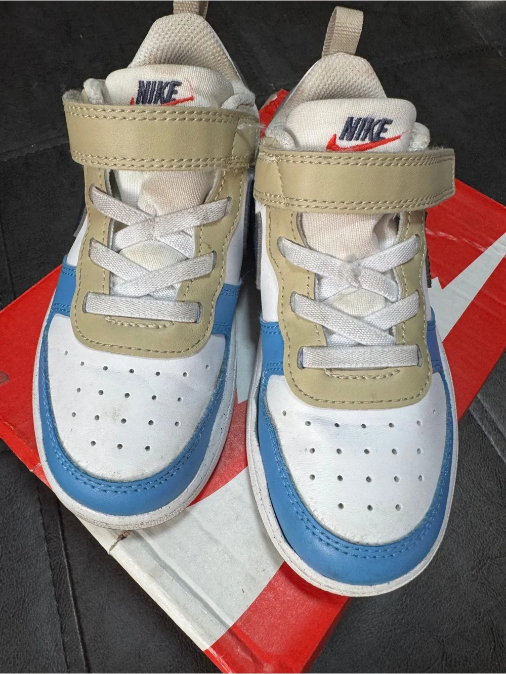 Nike Kids White, Blue & Tan Velcro Low-Top Sneakers